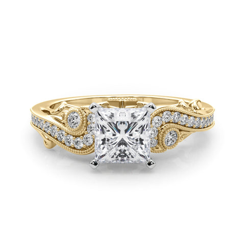 Yellow gold Princess Solitaire with Milgrain Pave Band and Four-Prong Setting