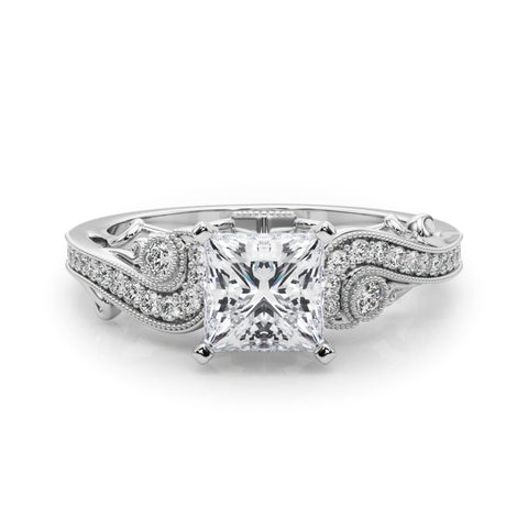 White gold Princess Solitaire with Milgrain Pave Band and Four-Prong Setting