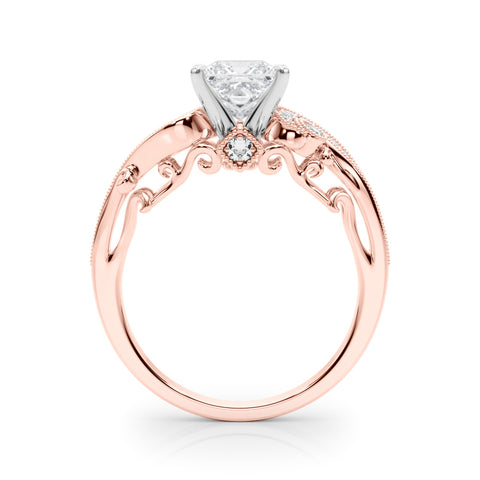 Rose gold Princess Solitaire with Milgrain Pave Band and Four-Prong Setting