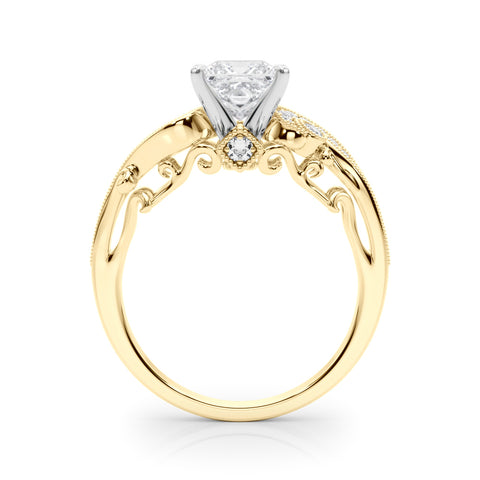 Yellow gold Princess Solitaire with Milgrain Pave Band and Four-Prong Setting