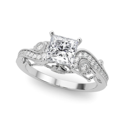 White gold Princess Solitaire with Milgrain Pave Band and Four-Prong Setting