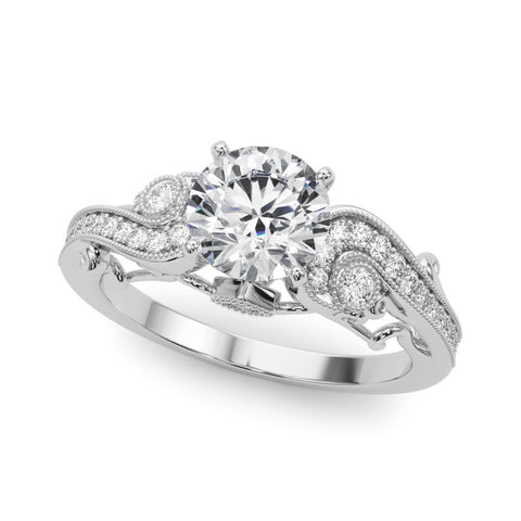 White gold Round Solitaire with Milgrain Pave Band and Four-Prong Setting