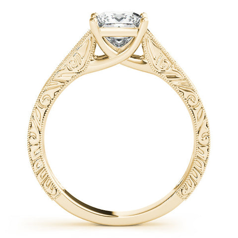 Yellow gold Princess Cut Solitaire Engraved Band with Four-Prong Setting