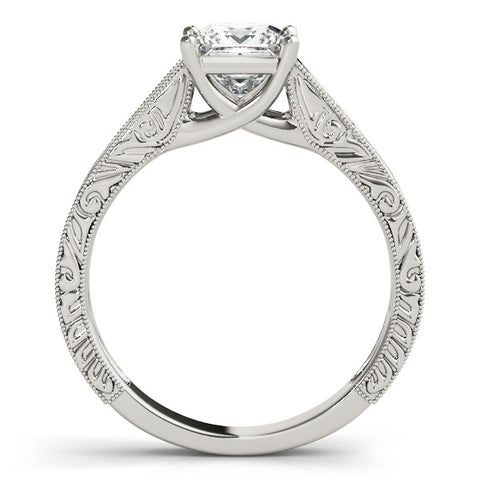 White gold Princess Cut Solitaire Engraved Band with Four-Prong Setting
