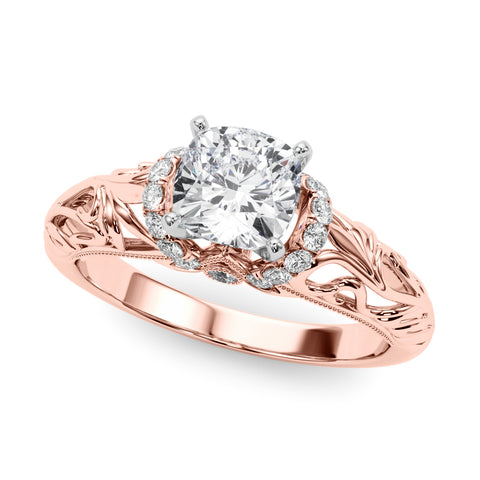 Rose gold Cushion Solitaire Filigree Engagement Ring with Halo and Prong Setting