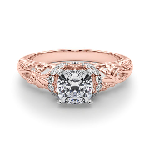 Rose gold Cushion Solitaire Filigree Engagement Ring with Halo and Prong Setting