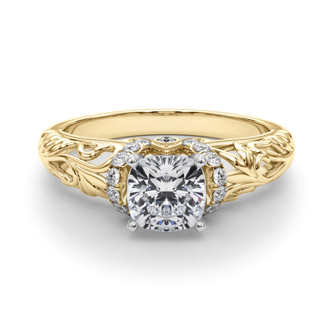 Yellow gold Cushion Solitaire Filigree Engagement Ring with Halo and Prong Setting