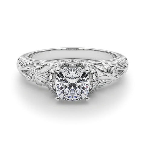 White gold Cushion Solitaire Filigree Engagement Ring with Halo and Prong Setting