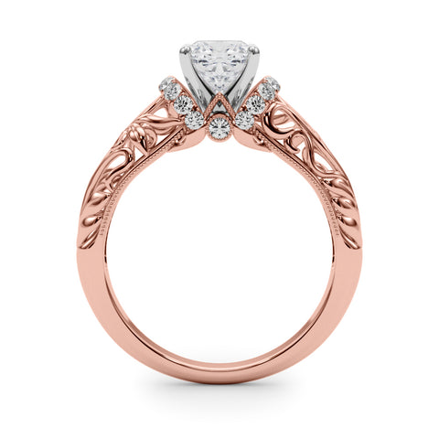 Rose gold Cushion Solitaire Filigree Engagement Ring with Halo and Prong Setting