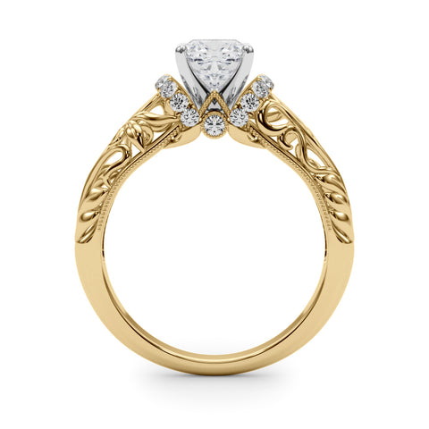 Yellow gold Cushion Solitaire Filigree Engagement Ring with Halo and Prong Setting