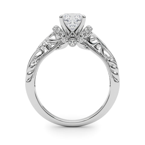 White gold Cushion Solitaire Filigree Engagement Ring with Halo and Prong Setting