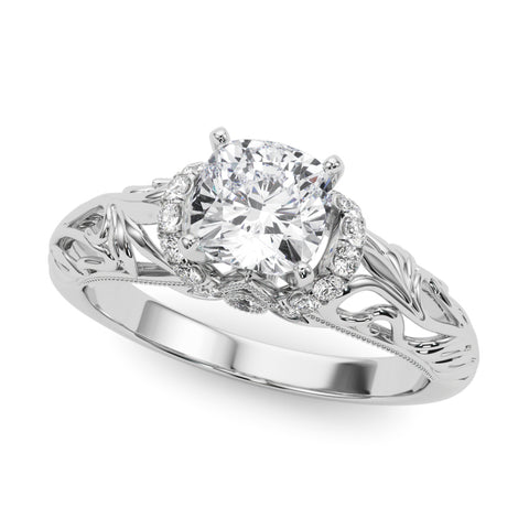 White gold Cushion Solitaire Filigree Engagement Ring with Halo and Prong Setting