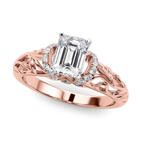 Rose gold Emerald Solitaire Filigree Engagement Ring with Halo and Prong Setting