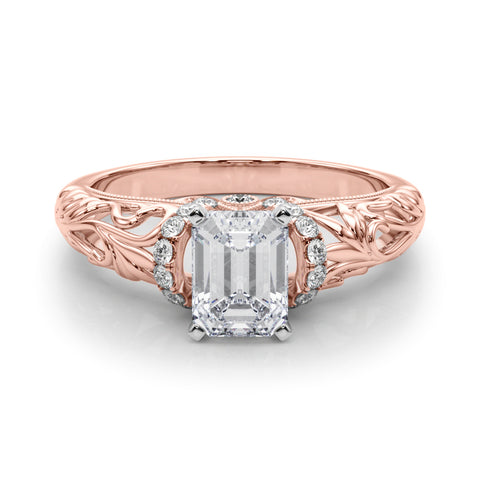 Rose gold Emerald Solitaire Filigree Engagement Ring with Halo and Prong Setting