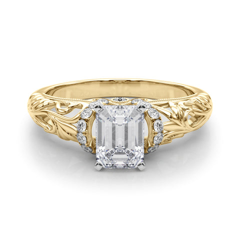 Yellow gold Emerald Solitaire Filigree Engagement Ring with Halo and Prong Setting