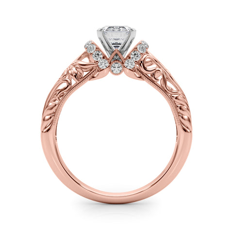 Rose gold Emerald Solitaire Filigree Engagement Ring with Halo and Prong Setting