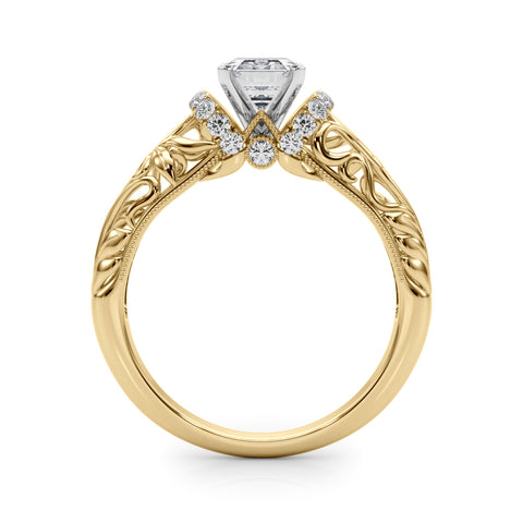 Yellow gold Emerald Solitaire Filigree Engagement Ring with Halo and Prong Setting