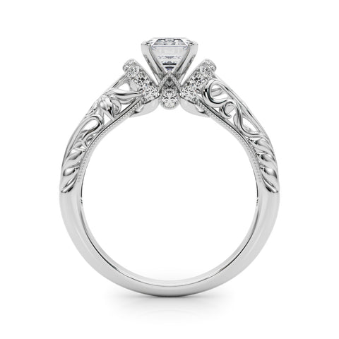 White gold Emerald Solitaire Filigree Engagement Ring with Halo and Prong Setting