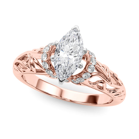 Rose gold Marquise Solitaire Filigree Engagement Ring with Halo and Prong Setting