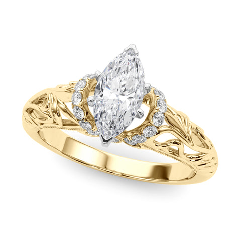 Yellow gold Marquise Solitaire Filigree Engagement Ring with Halo and Prong Setting