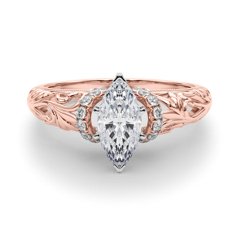 Rose gold Marquise Solitaire Filigree Engagement Ring with Halo and Prong Setting