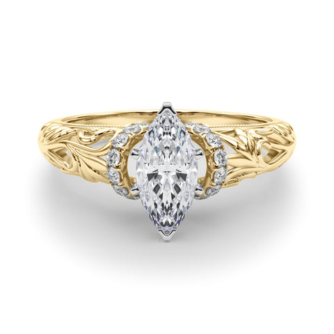 Yellow gold Marquise Solitaire Filigree Engagement Ring with Halo and Prong Setting