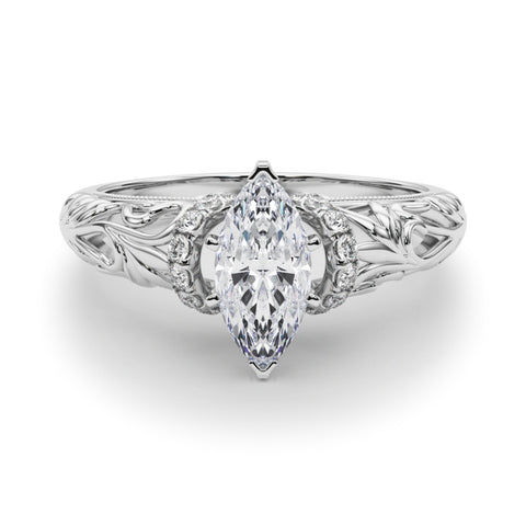 White gold Marquise Solitaire Filigree Engagement Ring with Halo and Prong Setting