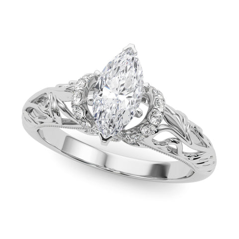 White gold Marquise Solitaire Filigree Engagement Ring with Halo and Prong Setting