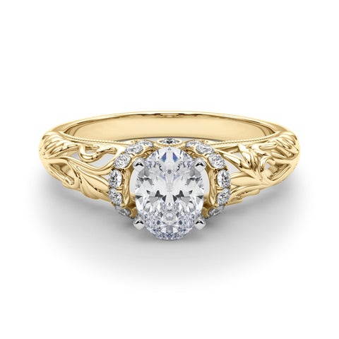 Yellow gold Oval Solitaire Filigree Engagement Ring with Halo and Prong Setting