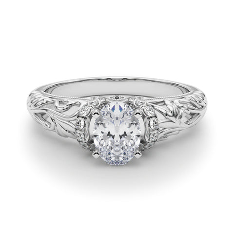 White gold Oval Solitaire Filigree Engagement Ring with Halo and Prong Setting