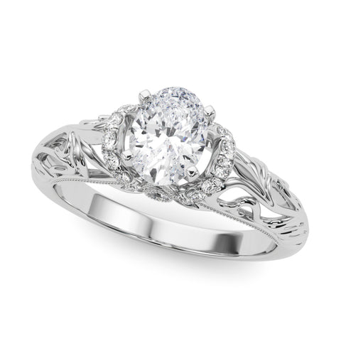 White gold Oval Solitaire Filigree Engagement Ring with Halo and Prong Setting