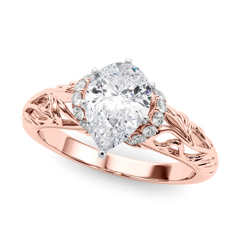 Rose gold Pear Solitaire Filigree Engagement Ring with Halo and Prong Setting