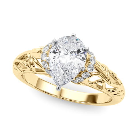 Yellow gold Pear Solitaire Filigree Engagement Ring with Halo and Prong Setting