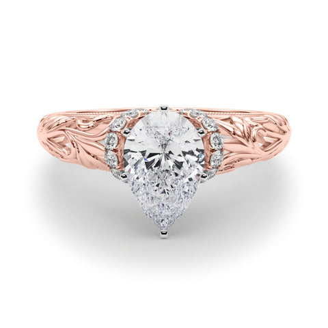 Rose gold Pear Solitaire Filigree Engagement Ring with Halo and Prong Setting