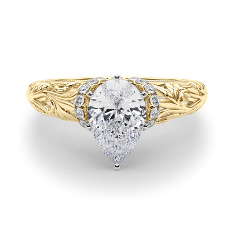 Yellow gold Pear Solitaire Filigree Engagement Ring with Halo and Prong Setting