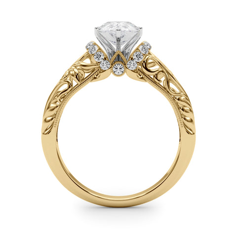 Yellow gold Pear Solitaire Filigree Engagement Ring with Halo and Prong Setting