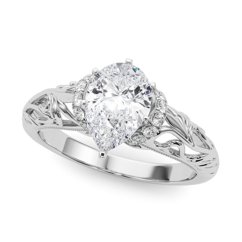 White gold Pear Solitaire Filigree Engagement Ring with Halo and Prong Setting