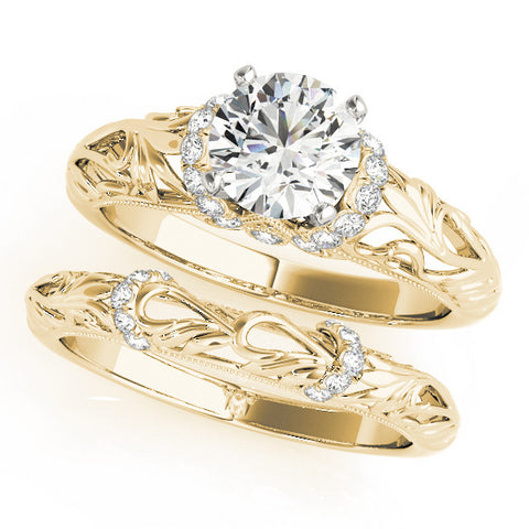 Yellow gold Round Solitaire Filigree Engagement Ring with Halo and Prong Setting