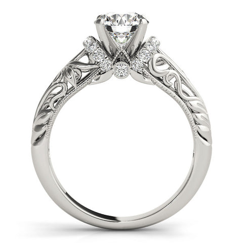 White gold Round Solitaire Filigree Engagement Ring with Halo and Prong Setting