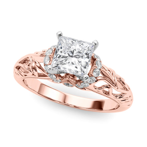 Rose gold Princess Solitaire Filigree Engagement Ring with Halo and Prong Setting