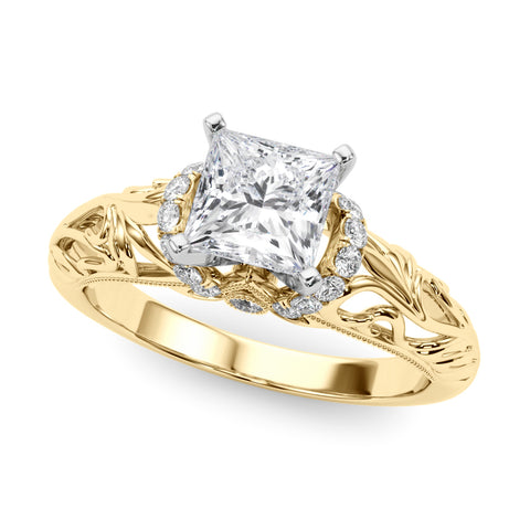 Yellow gold Princess Solitaire Filigree Engagement Ring with Halo and Prong Setting