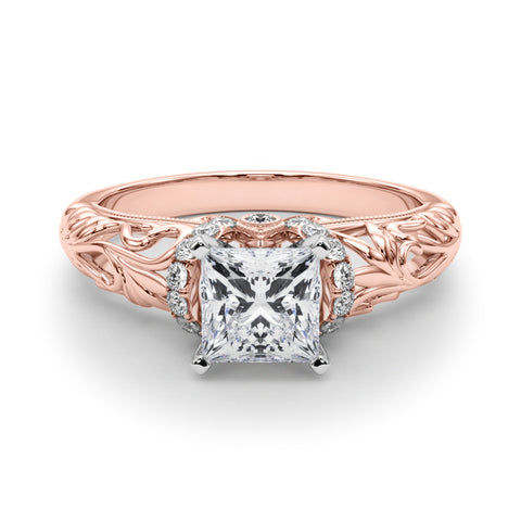 Rose gold Princess Solitaire Filigree Engagement Ring with Halo and Prong Setting