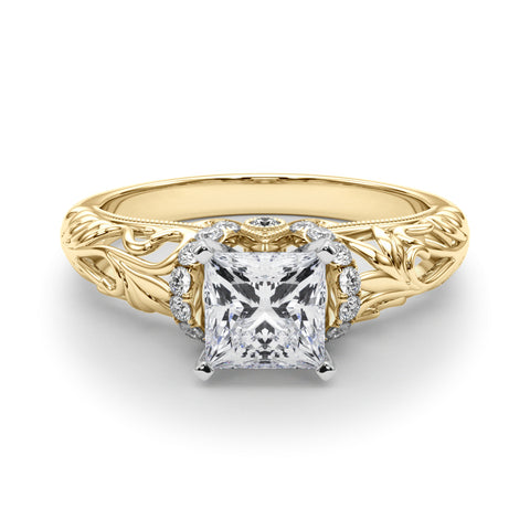 Yellow gold Princess Solitaire Filigree Engagement Ring with Halo and Prong Setting