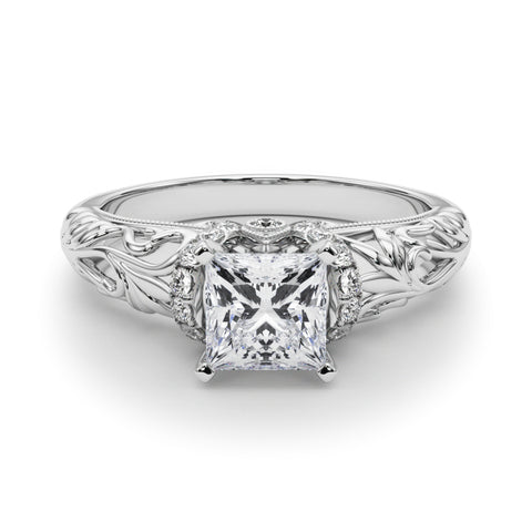 White gold Princess Solitaire Filigree Engagement Ring with Halo and Prong Setting