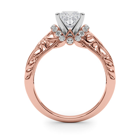 Rose gold Princess Solitaire Filigree Engagement Ring with Halo and Prong Setting