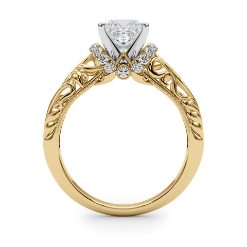 Yellow gold Princess Solitaire Filigree Engagement Ring with Halo and Prong Setting