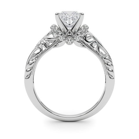 White gold Princess Solitaire Filigree Engagement Ring with Halo and Prong Setting