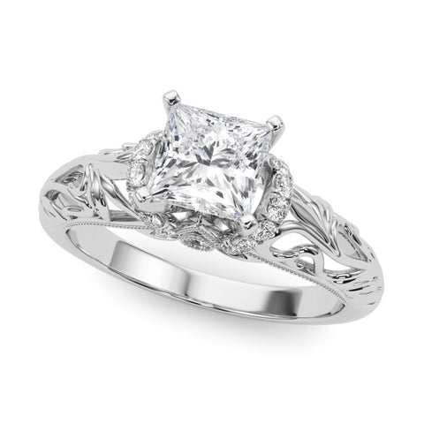 White gold Princess Solitaire Filigree Engagement Ring with Halo and Prong Setting