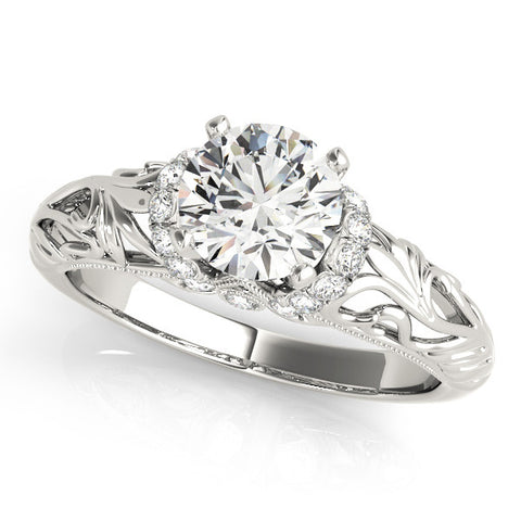 White gold Round Solitaire Filigree Engagement Ring with Halo and Prong Setting