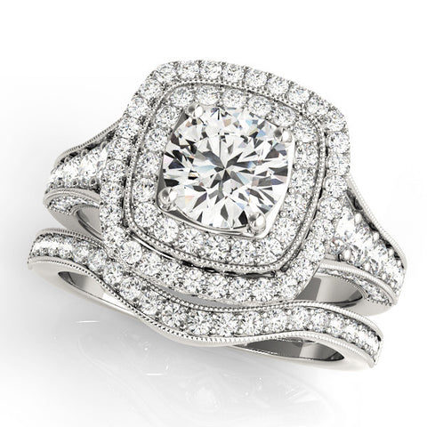 White gold Cushion Halo Round Diamond Split Shank Prong Setting Ring